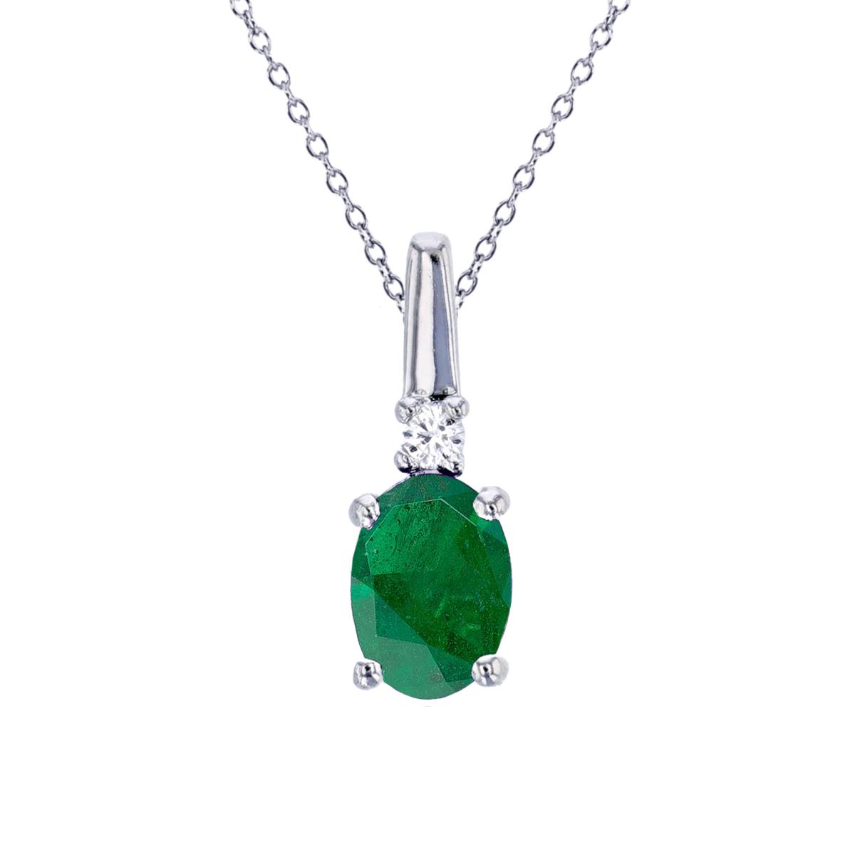 Sterling Silver Rhodium 7x5mm Ov Emerald & Rnd Created White Sapphire 18"Necklace