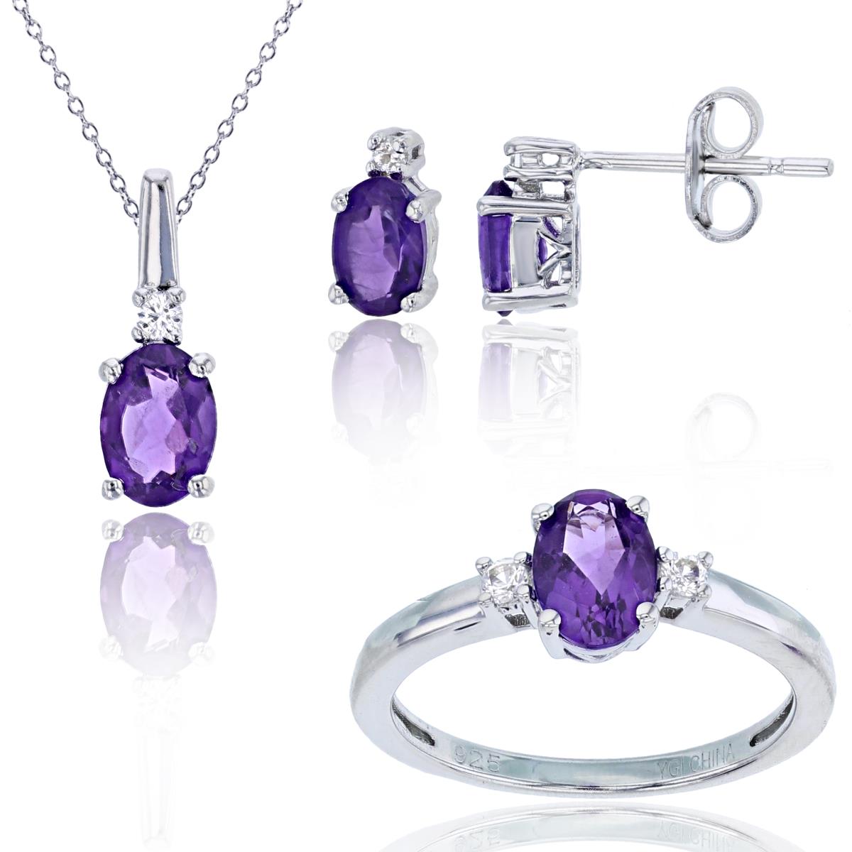 Sterling Silver Rhodium Ov Amethyst & Rnd Created White Sapphire Ear/Ring/18"Necklace Set