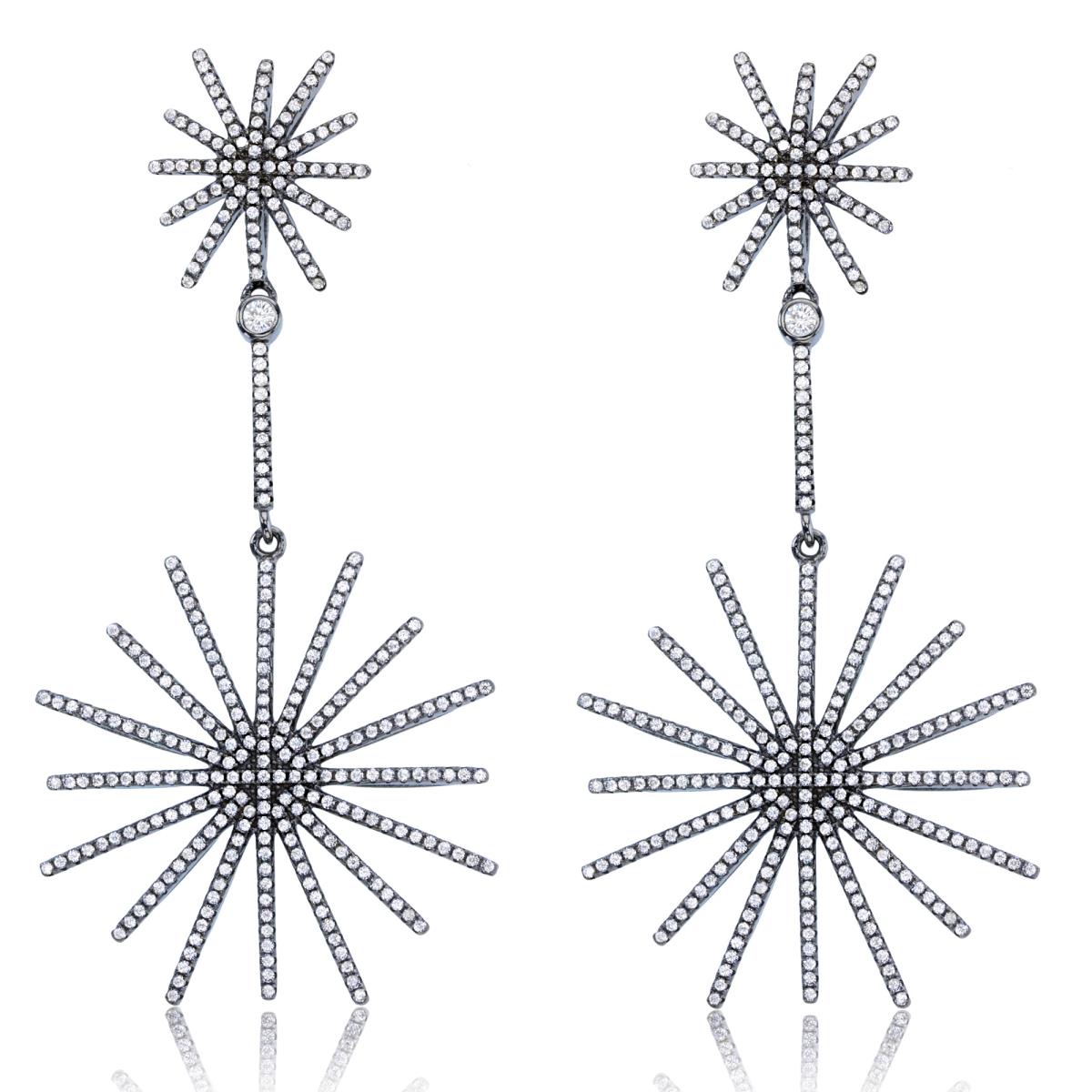 Sterling Silver Black Rnd White CZ Small/Big Snowflakes Dangling Earring