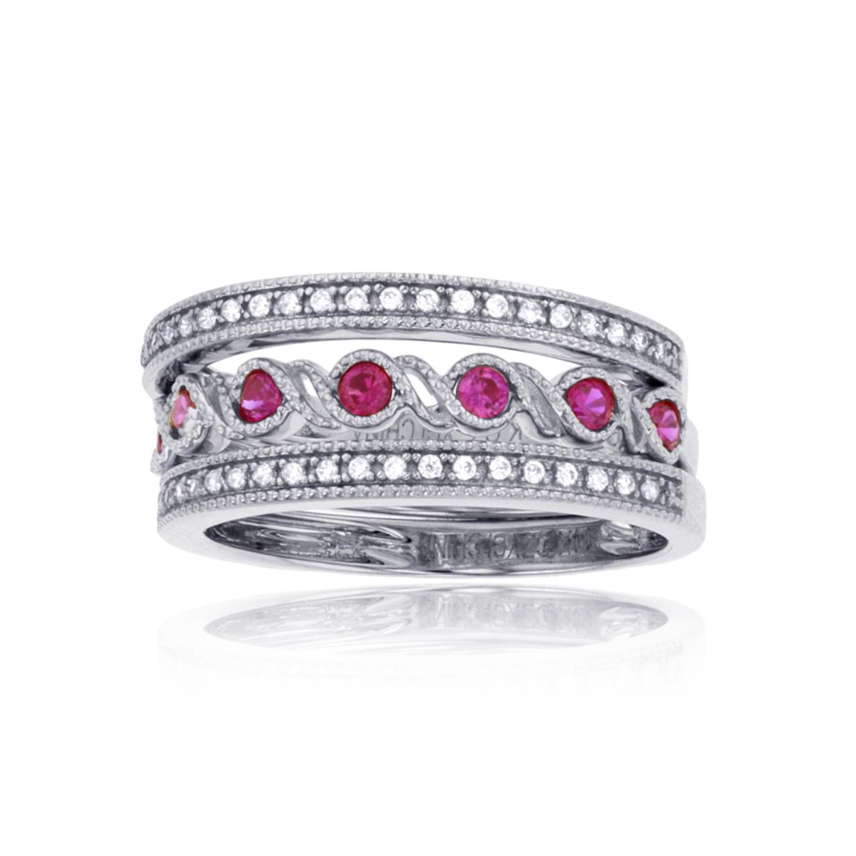 Sterling Silver Rhodium 2mm Rnd Ruby & Created White Sapphire 3-Stackable Millgrain Bands