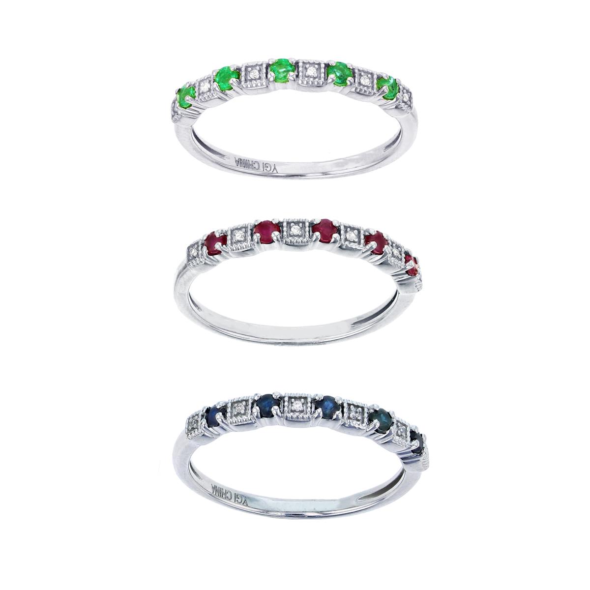 Sterling Silver Rhodium 2mm Rnd Emerald/Ruby/Sapphire & Rnd Cr White Sapphire 3-Stackable Milgrain Rings