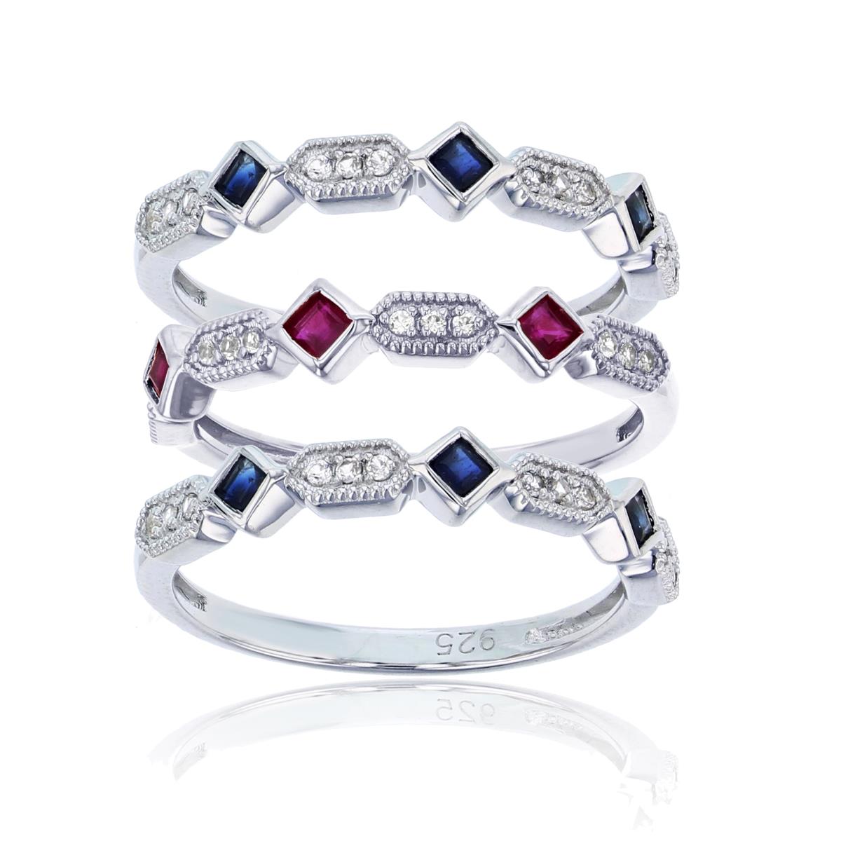 Sterling Silver Rhodium  SQ Created Ruby/Sapphire & Rnd Created White Sapphire 3-Stackable Ring