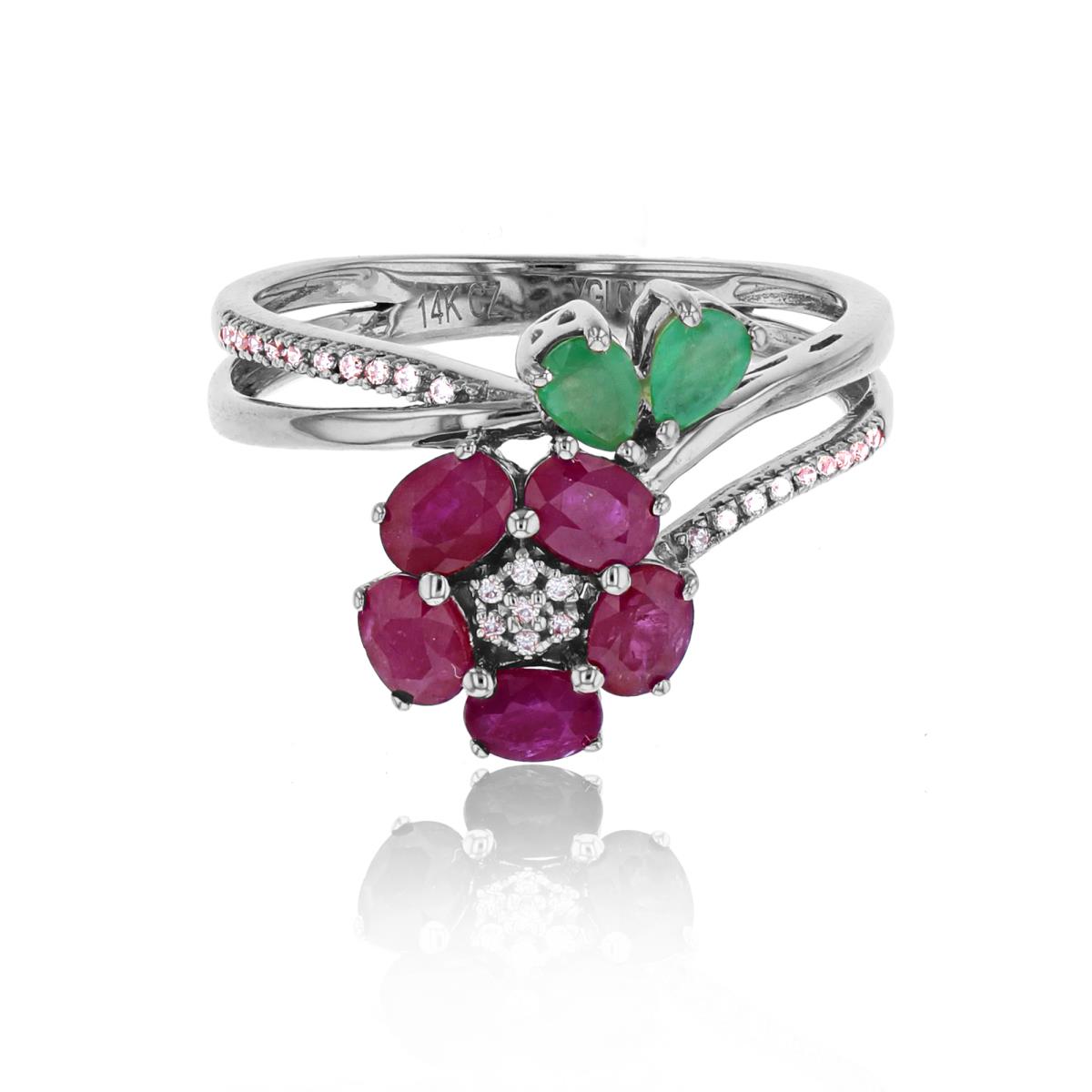 Sterling Silver Rhodium 0.05cttw Rnd Diamonds & Ov Ruby/ PS Emerald Flower Ring