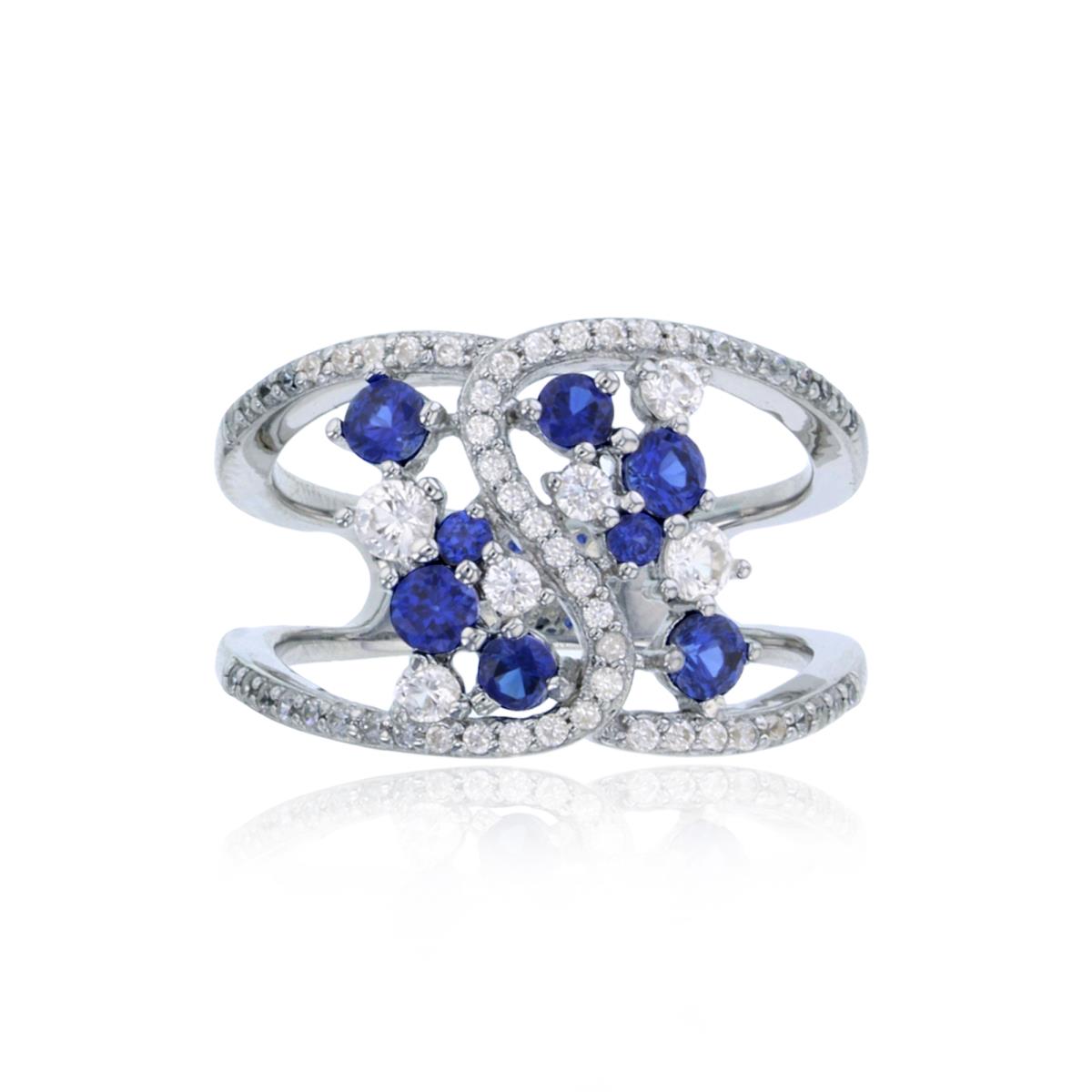 Sterling Silver Rhodium Rnd Created Ceylon Sapphire & Cr White Sapphire Scattered Band