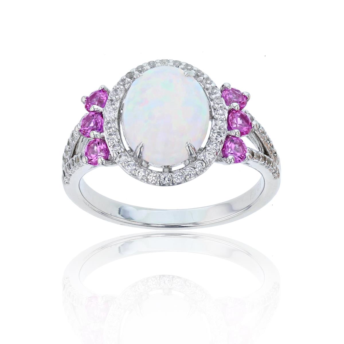 Sterling Silver Rhodium 10x8mm Cr Opal /Rnd Cr Pink & Cr White Sapphire Ring