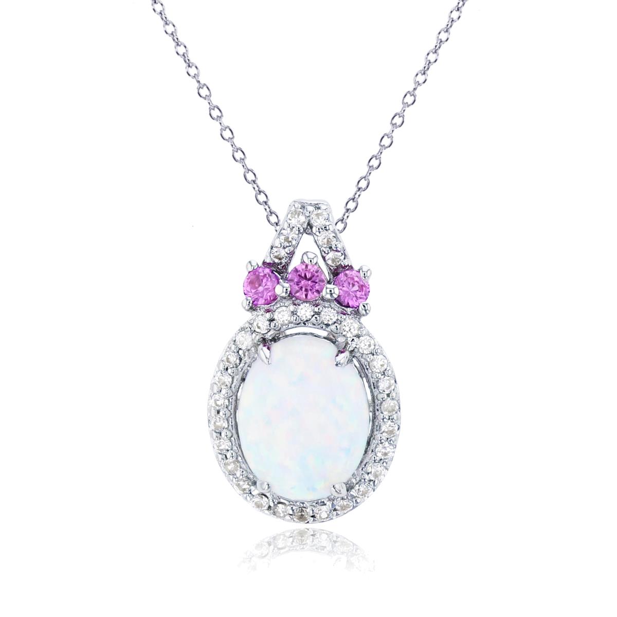 Sterling Silver Rhodium 10x8mm Ov Cr Opal /Rnd Cr Pink & Cr White Sapphire 18"Necklace