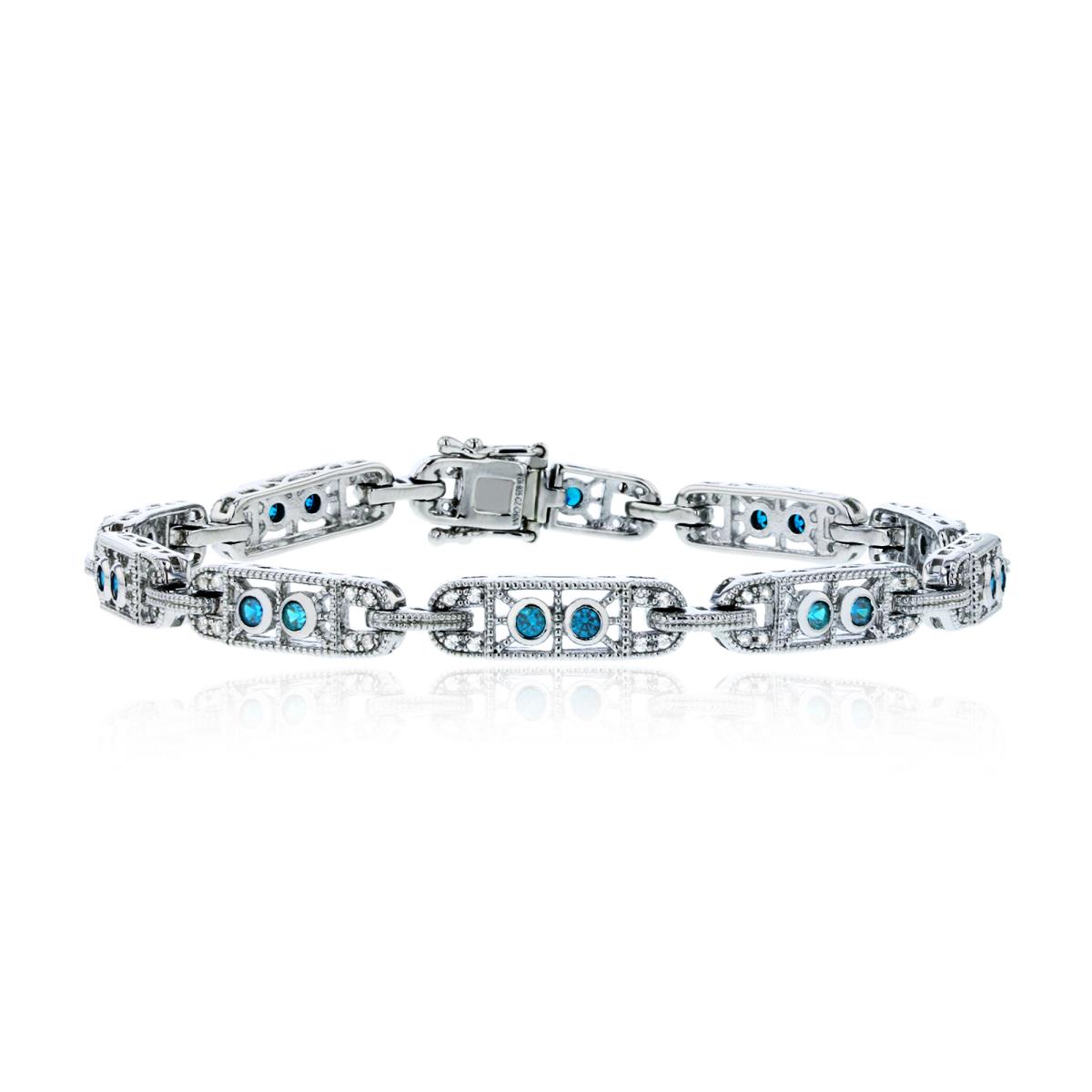 Sterling Silver Rhodium Bezel Rnd Swiss Blue Topaz & Cr White Sapphire Milgrain Bar Linked Bracelet