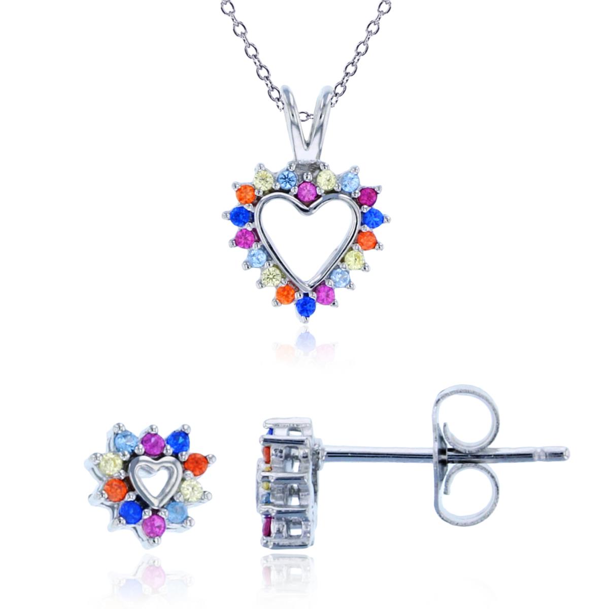 Sterling Silver Rhodium Pave Multi Color Open Heart Stud & 13+2" Necklace Set