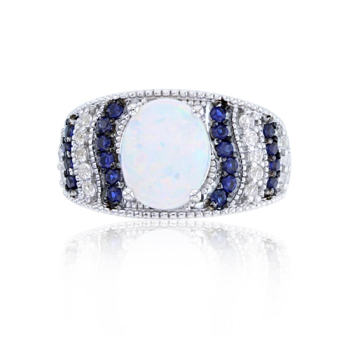 Sterling Silver Rhodium 10x8mm Ov Created Opal & Rnd Cr Blue /White Sapphire on side Ring