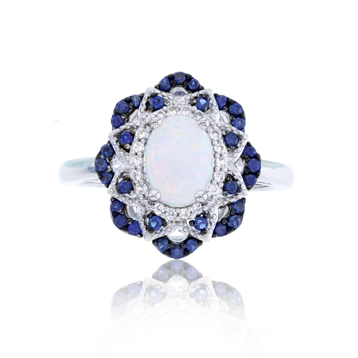 Sterling Silver Rhodium 8x6mm Ov Created Opal & Rnd Cr Blue/White Sapphire Flower Ring