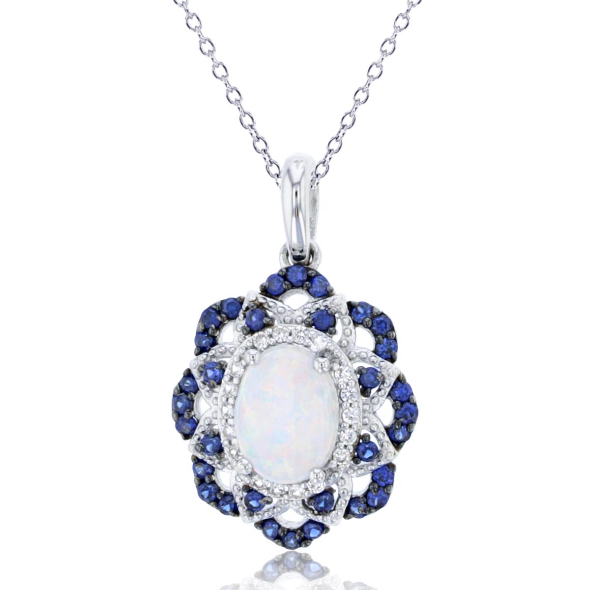 Sterling Silver Rhodium 8x6mm Ov Created Opal & Rnd Cr Blue/White Sapphire Flower 18"Necklace