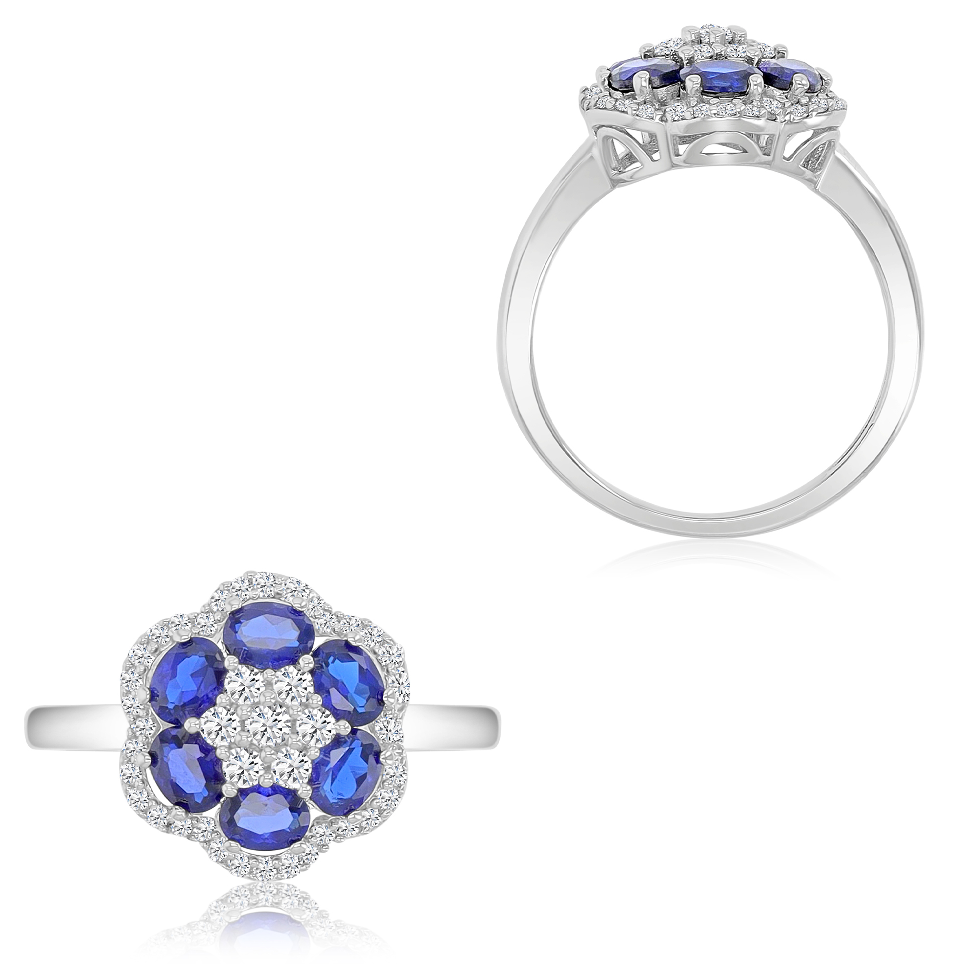 Sterling Silver Rhodium Ov Created Sapphire & Rnd Cr. White/Blue Sapphire Flower Ring