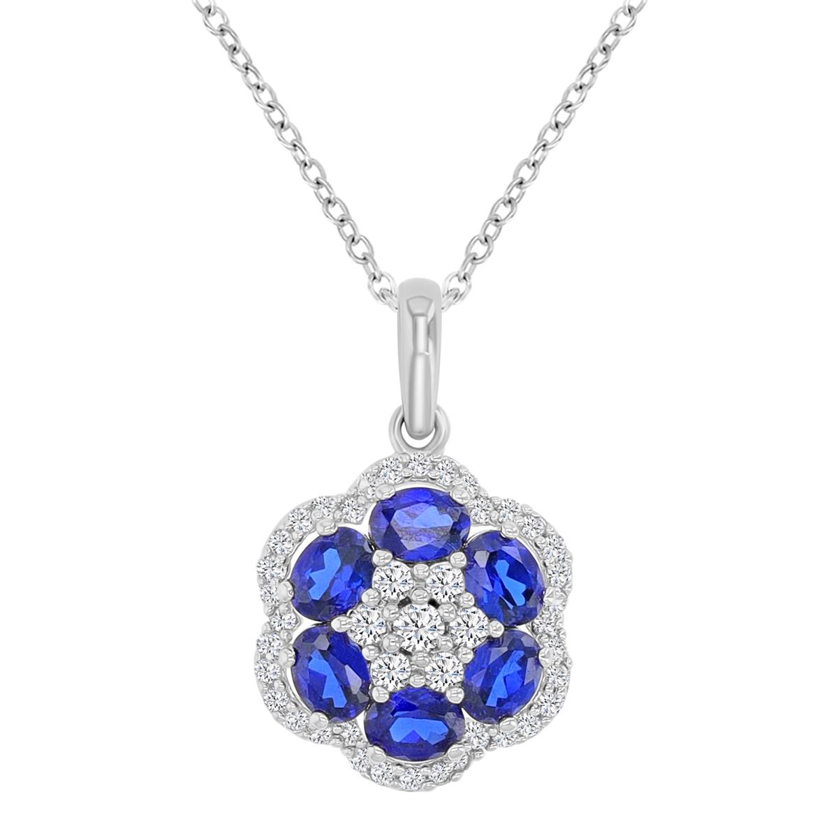 Sterling Silver Rhodium Ov Created Sapphire & Rnd Cr. White/Blue Sapphire Flower 18"Necklace