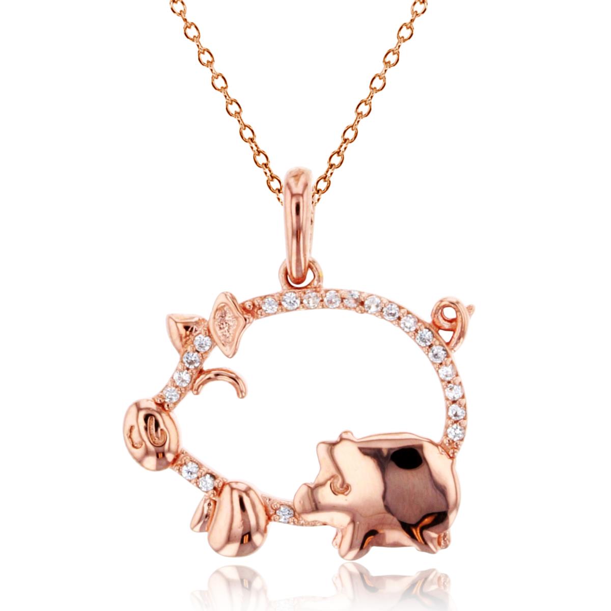 Sterling Silver+1Micron 14K Rose Gold Rnd Created White Sapphire Mom/Baby Pigs18"Necklace