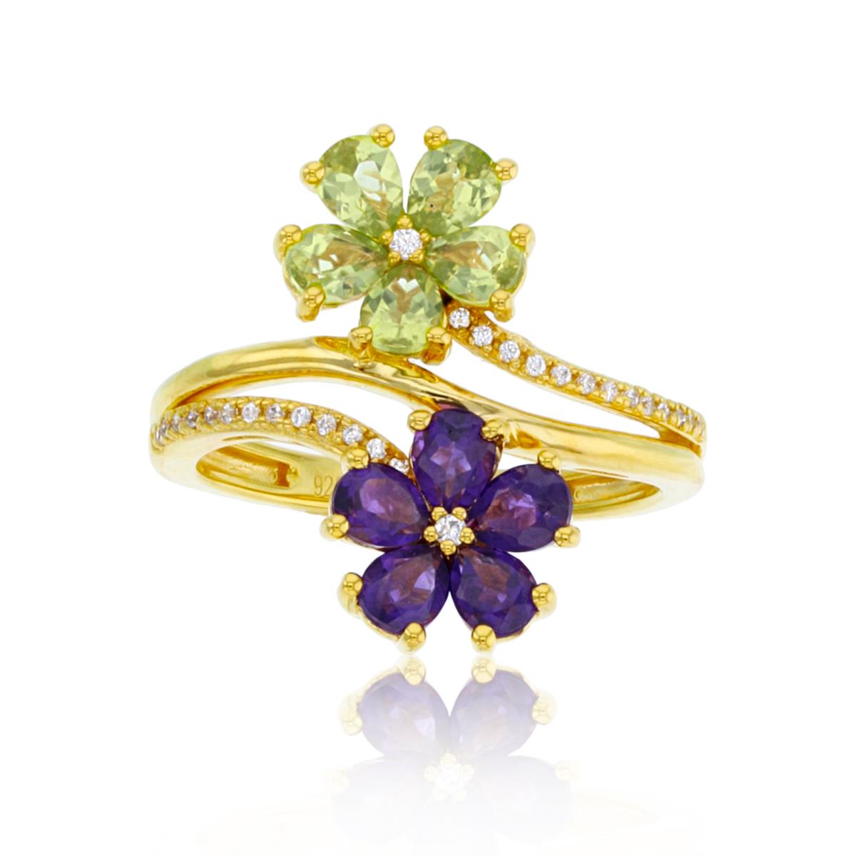 Sterling Silver+1Micron 14K Yellow Gold 0.10cttw Rnd Diam & 4x3mm PS Amethyst/Peridot Flowers Ring