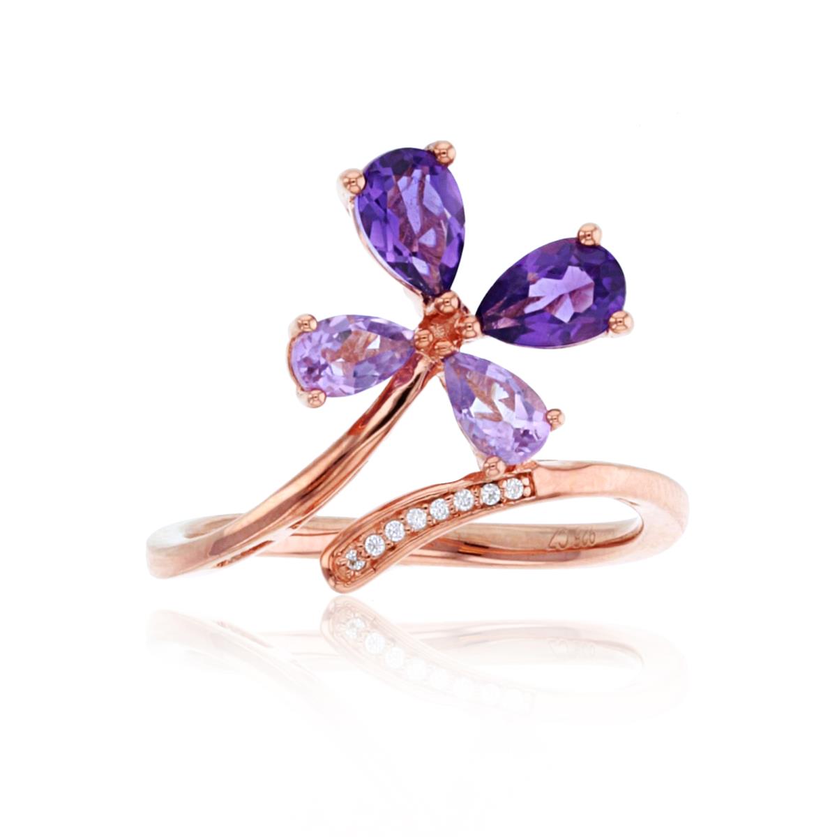 Sterling Silver Rose & 0.025CTTW Rd Diamonds and PS Amethyst/Rose De France Flower Open Ring