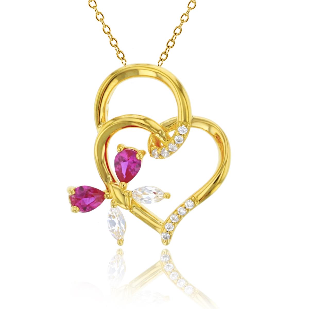 Sterling Silver+1Micron 14K Yellow Gold Rnd CZ & PS Cr Ruby/Mq White Sapphire Dbl Hearts/Flower 18"Necklace