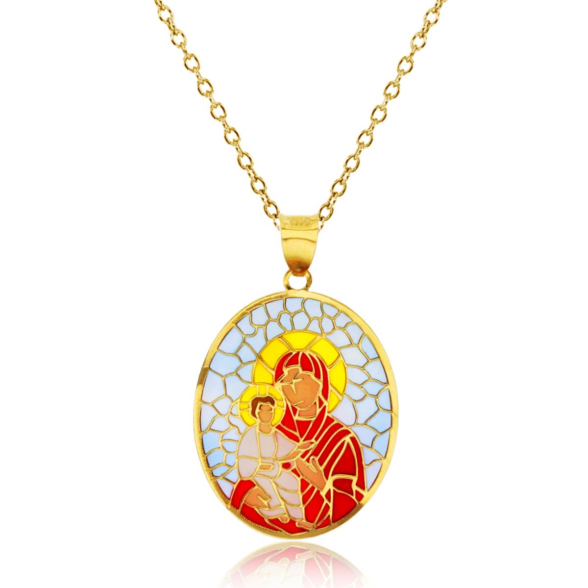 14K Yellow Gold Enamel 30x18mm Mosaic Virgin Mary & Baby Jesus 18" 020 Rollo Chain Necklace