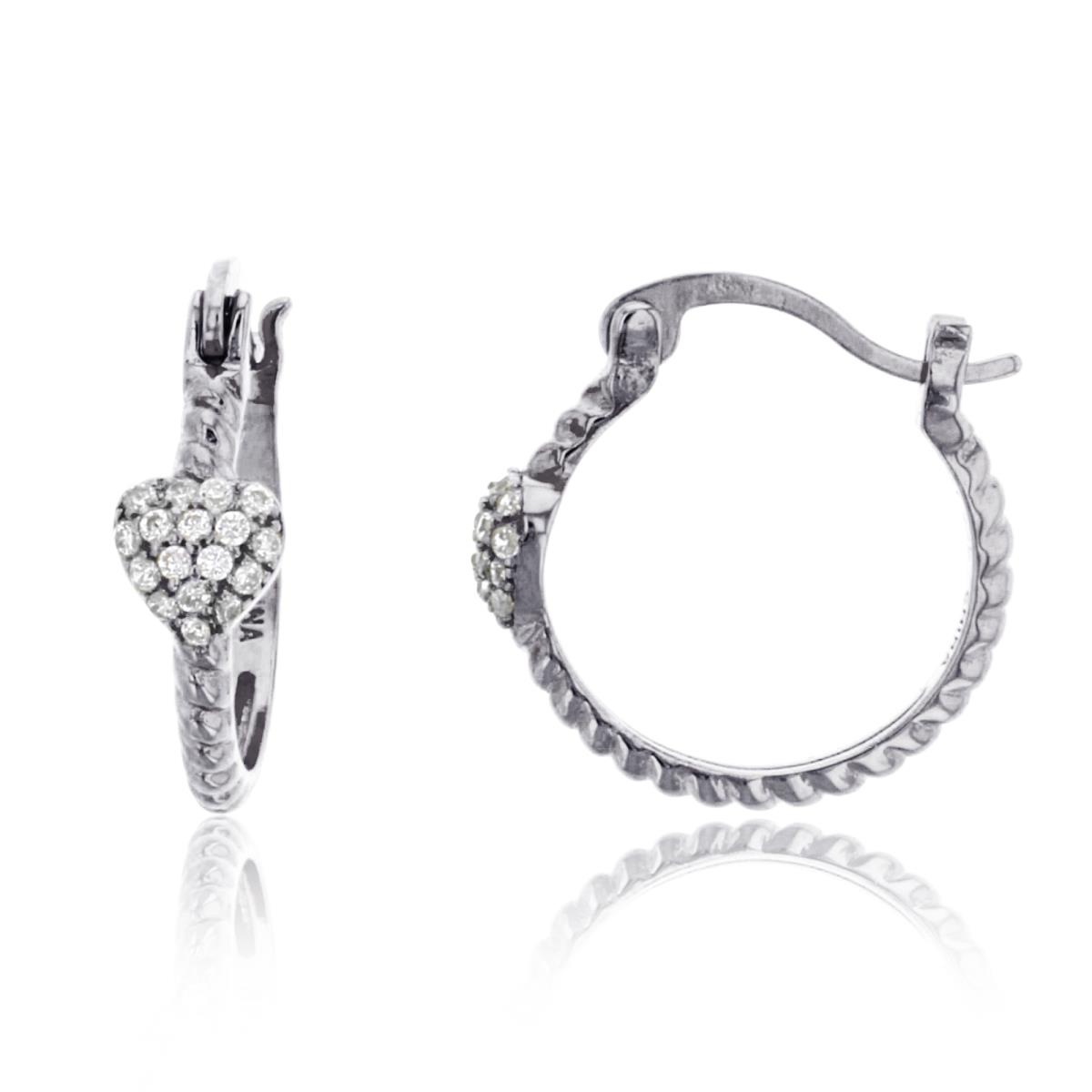 Sterling Silver Rhodium Paved Heart Rope Hoop Earring