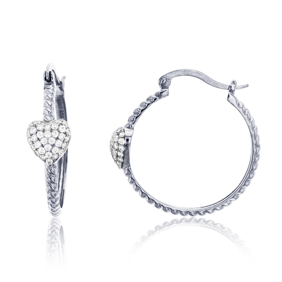 Sterling Silver Rhodium 28x8mm Paved Heart Rope Hoop Earring