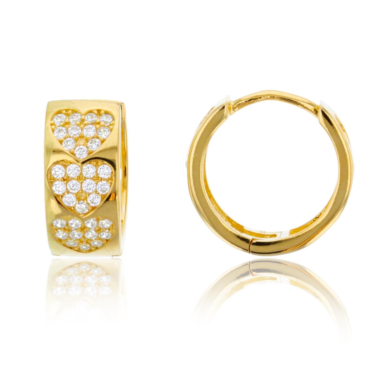 Sterling Silver Yellow 1-Micron 14x6.5mm Paved Hearts Huggie Earring