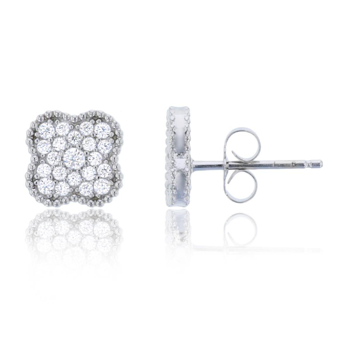 Sterling Silver Rhodium Paved Clover Stud Earring