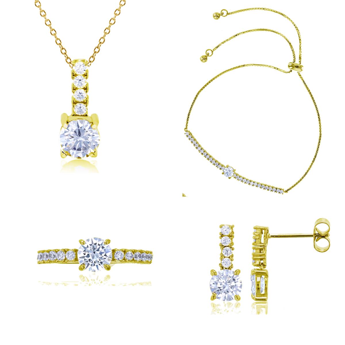 Sterling Silver Yellow 6mm Round Cut Jewelry Set (Bracelet, Earring, Ring and 18" Necklace)