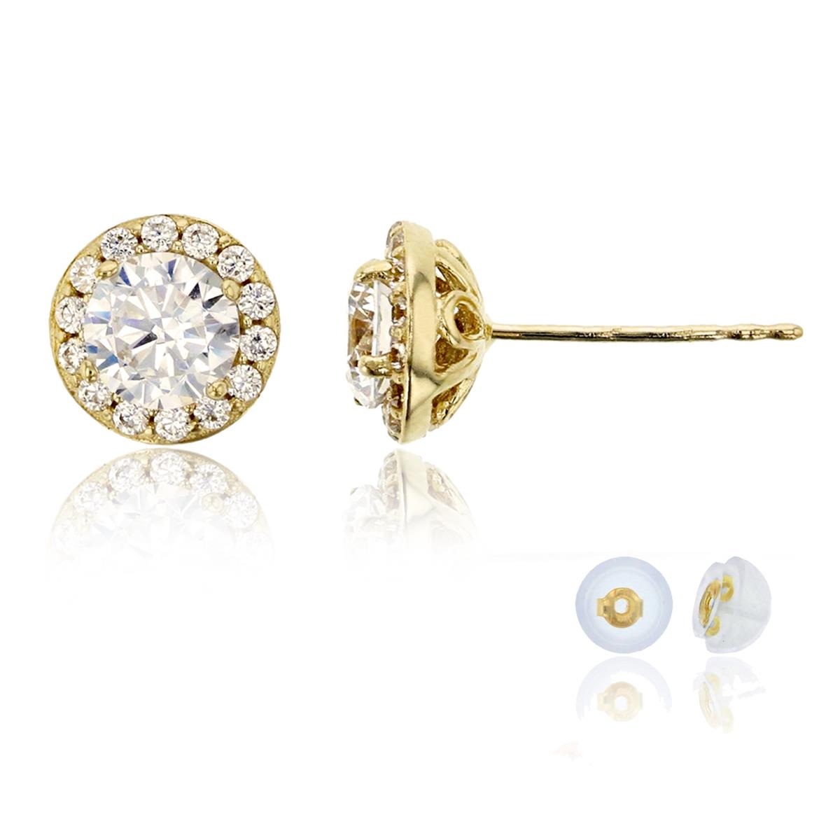 14K Yellow Gold Micropave 5.00mm Round Cut CZ Halo Stud Earrings with Silicone Back