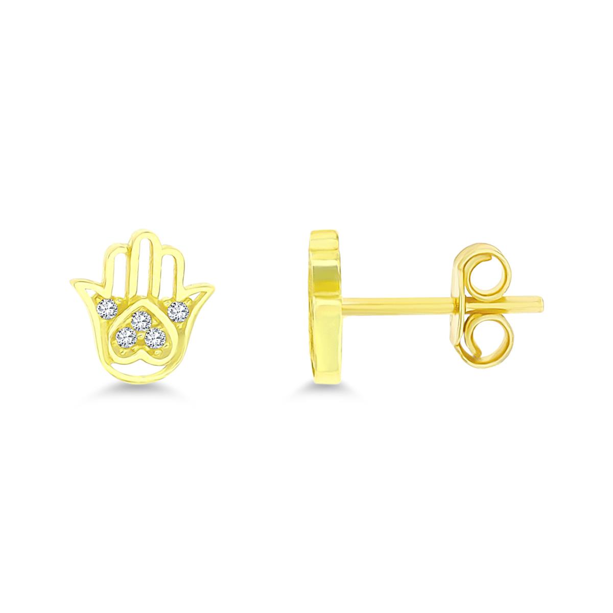 14K Yellow Gold Micropave 7mm Heart Hamsa Stud with Silicone Back