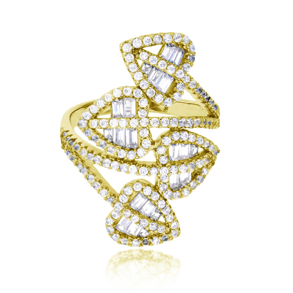 Sterling Silver Yellow Pave Rd & Baguette CZ 4-Row Leaves Cocktail Fashion Ring
