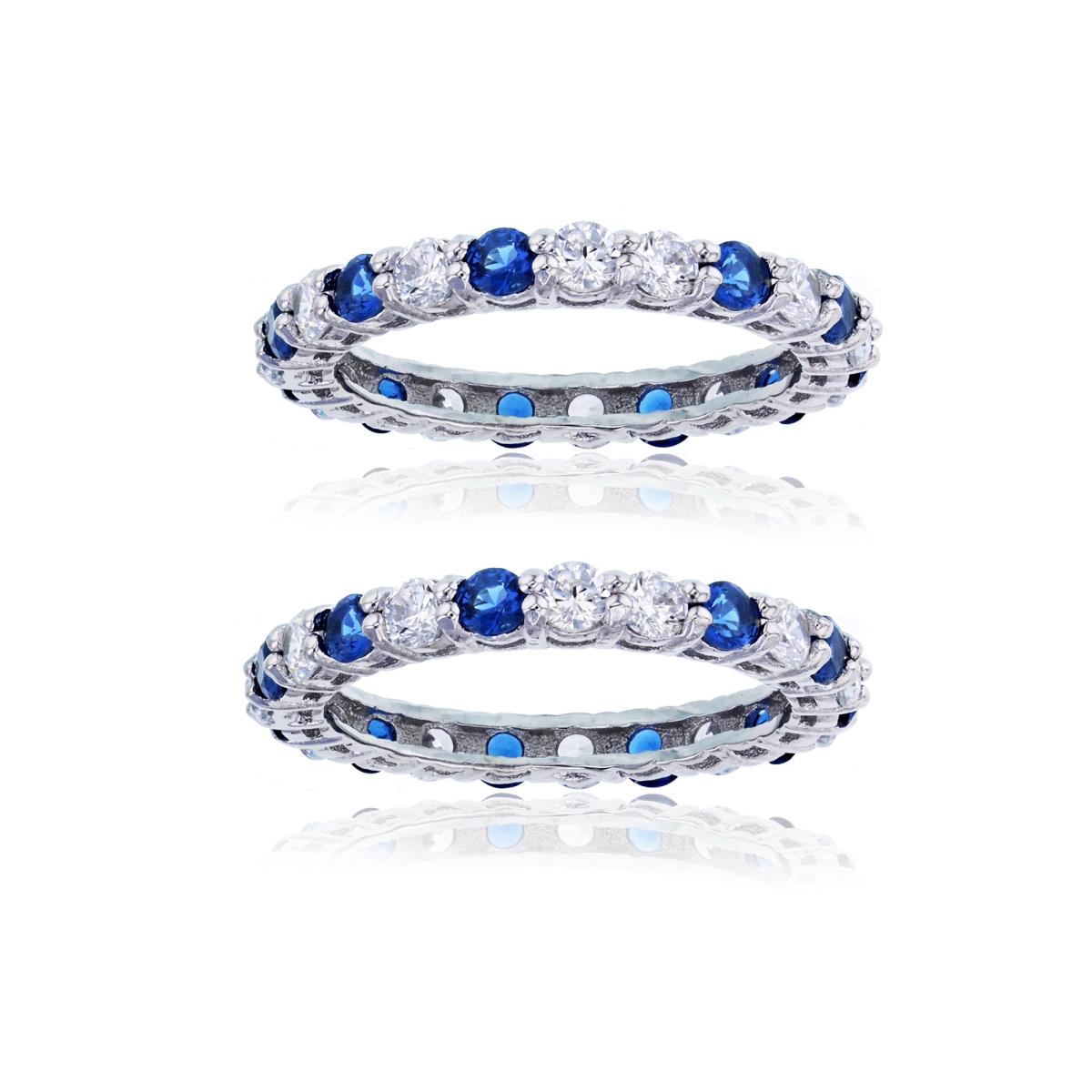 Sterling Silver Rhodium Clear & Blue "Sapphire" Round CZ Eternity Ring (Set of 2)