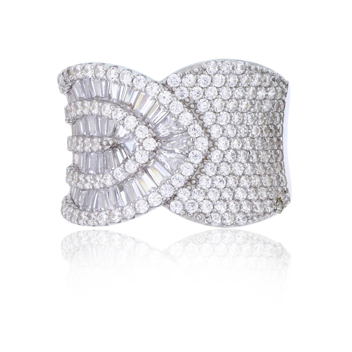 Sterling Silver Rhodium Micropave Rd & Baguette CZ Overlapping Fashion Ring