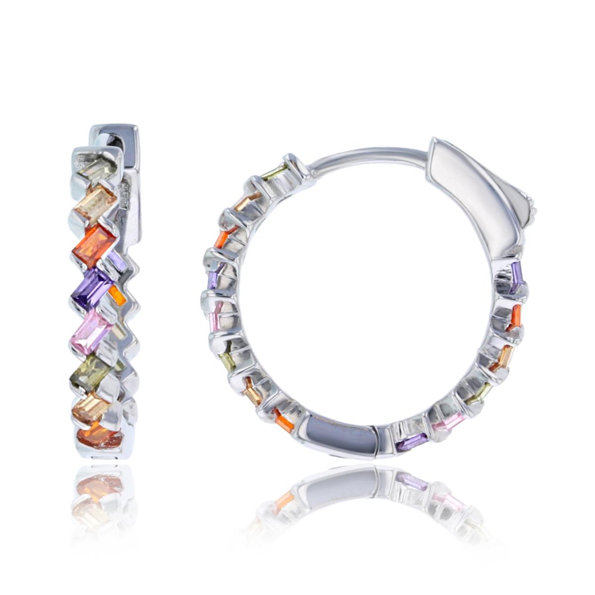 Sterling Silver Rhodium 19x3mm Multi Color Baguette CZ Hoop Earring with Safety Lock