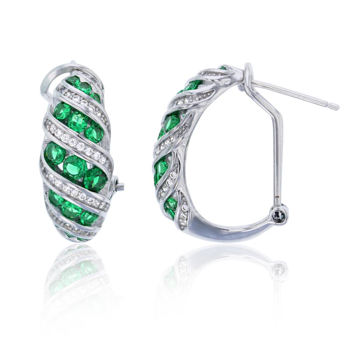 Sterling Silver Rhodium Green & White CZ Twist Omega Back Clip Earring