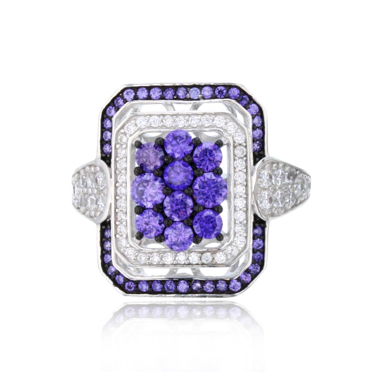 Sterling Silver 18.5mm Two-Tone Rnd Amethyst & White CZ Double Channel Cushion Ring