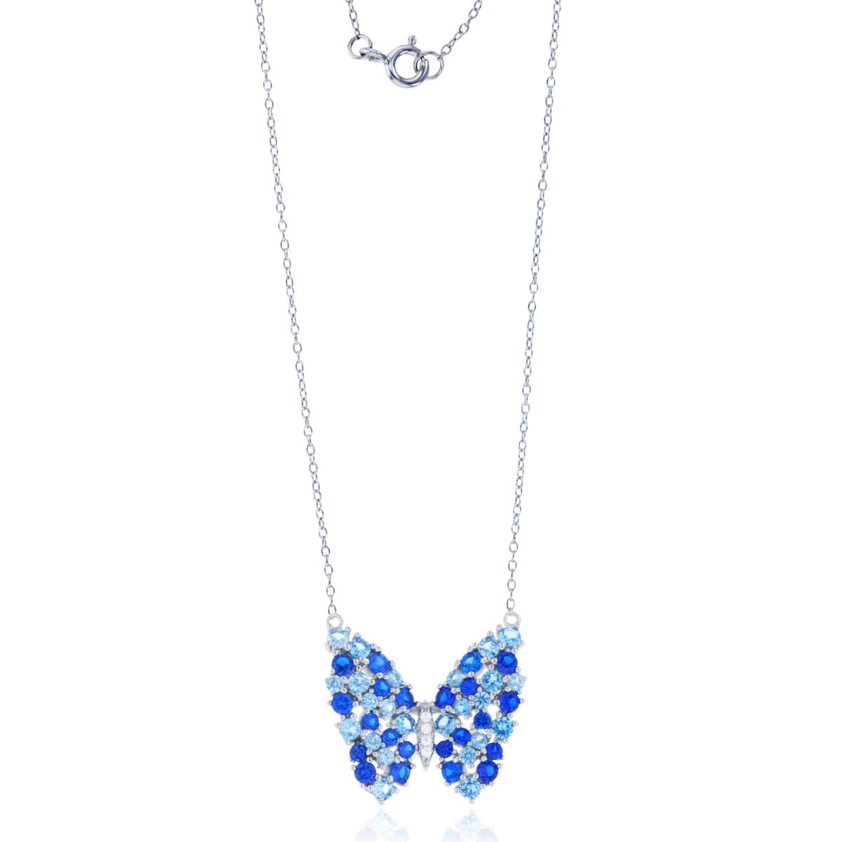 Sterling Silver Rhodium Paved #113, #119 & #108 Blue Butterfly 18" Necklace
