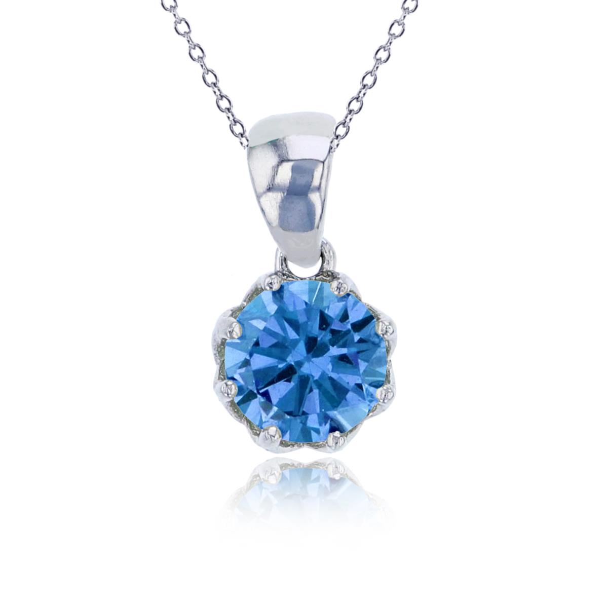 Sterling Silver Rhodium 6mm Swiss Blue Round Cut CZ Solitaire Dangling 18" Necklace