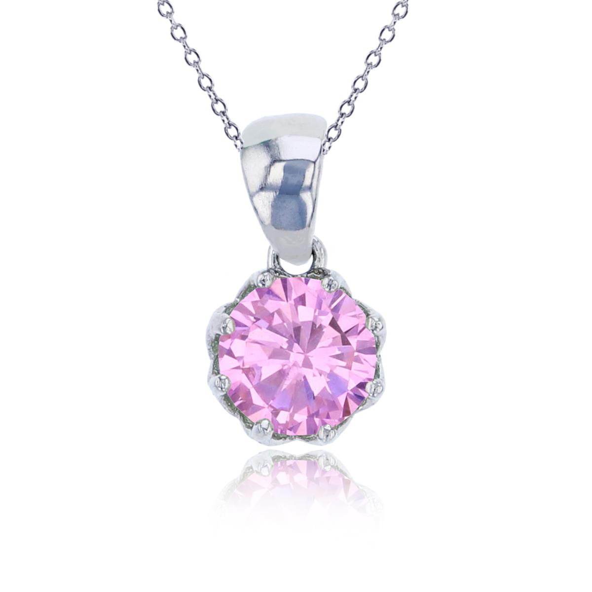 Sterling Silver Rhodium 6mm Pink Round Cut CZ Solitaire Dangling 18" Necklace