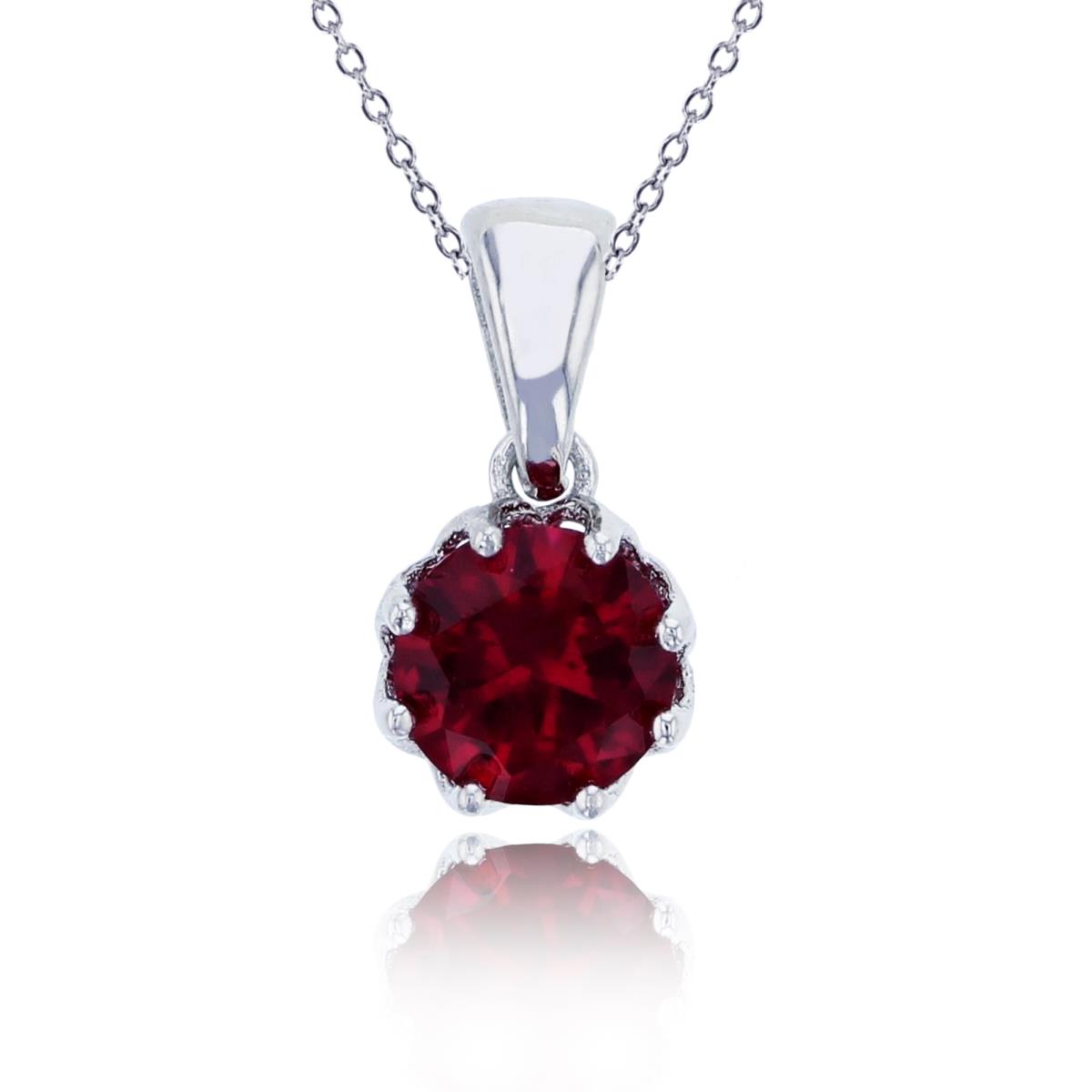Sterling Silver Rhodium 6mm Ruby Round Cut CZ Solitaire Dangling 18" Necklace