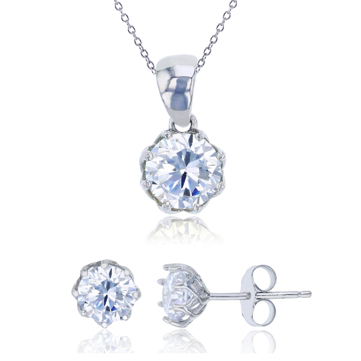 Sterling Silver Rhodium 6mm White Round Cut CZ Solitaire Dangling 18" Necklace & Earring Set