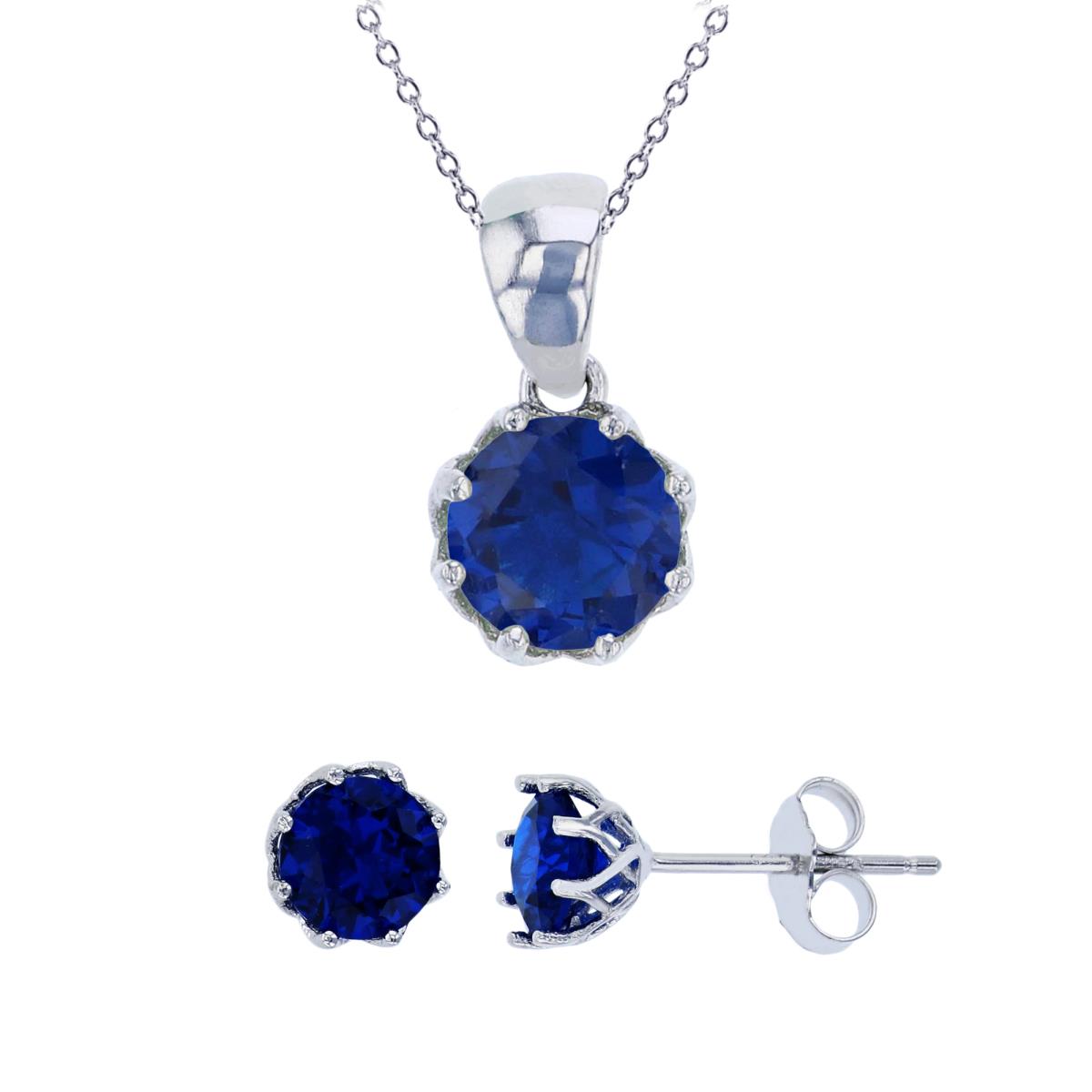Sterling Silver Rhodium 6mm Sapphire Round Cut CZ Solitaire Dangling 18" Necklace & Earring Set