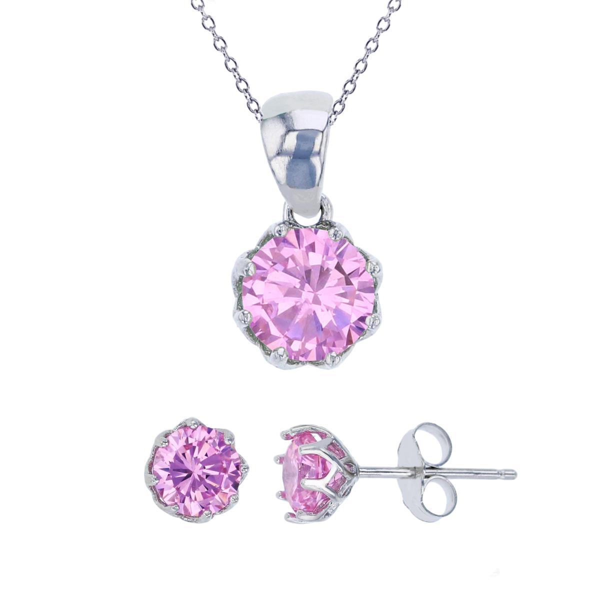 Sterling Silver Rhodium 6mm Pink Round Cut CZ Solitaire Dangling 18" Necklace & Earring Set