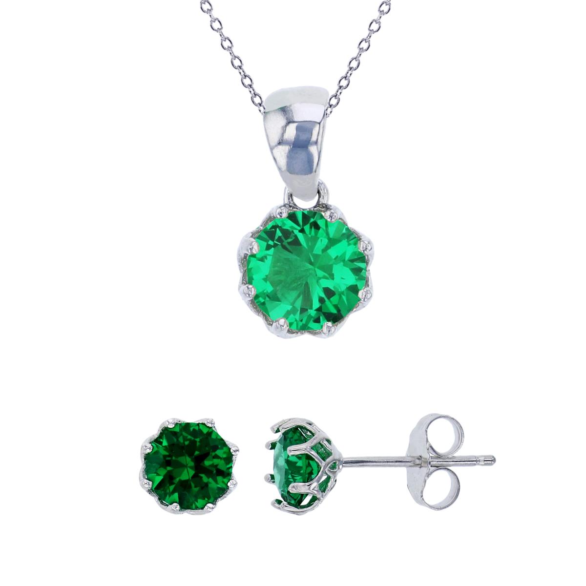Sterling Silver Rhodium 6mm Emerald Round Cut CZ Solitaire Dangling 18" Necklace & Earring Set