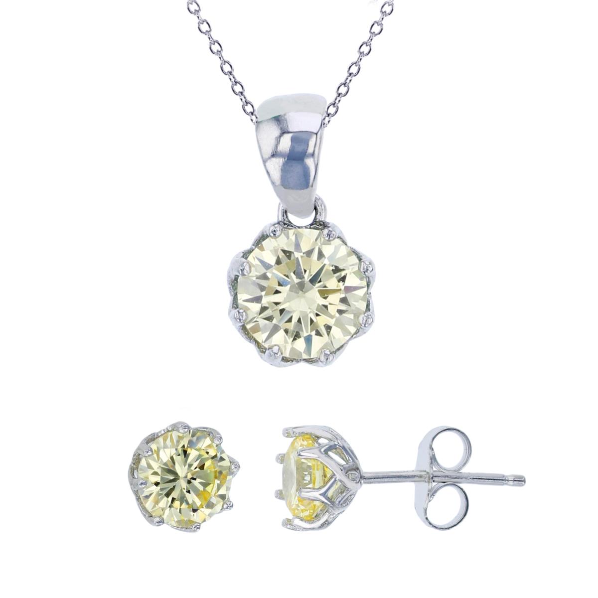 Sterling Silver Rhodium 6mm Canary Yellow Round Cut CZ Solitaire Dangling 18" Necklace & Earring Set