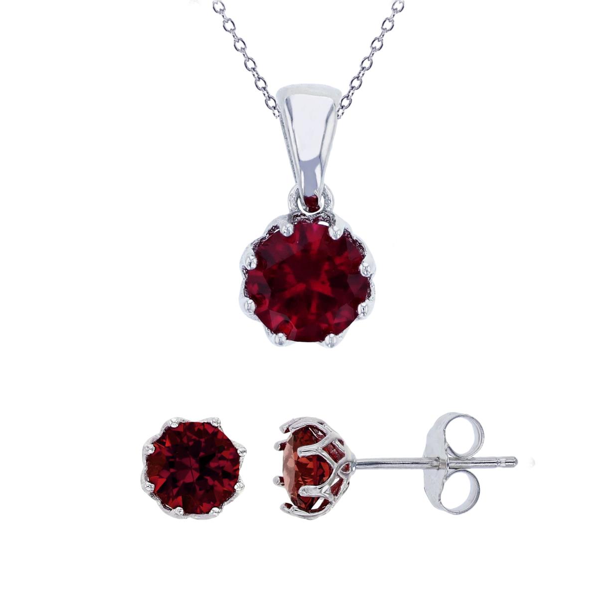 Sterling Silver Rhodium 6mm Ruby Round Cut CZ Solitaire Dangling 18" Necklace & Earring Set