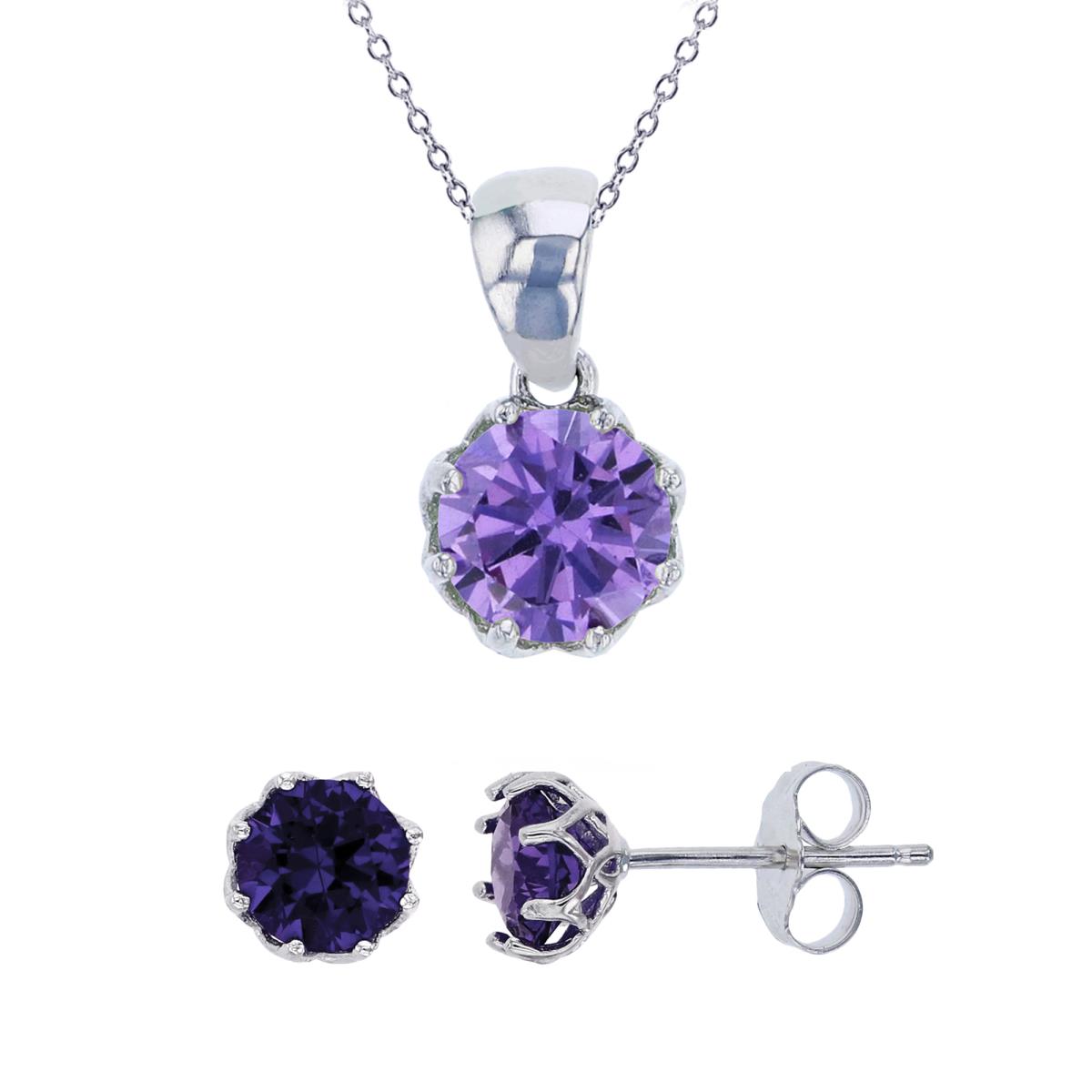 Sterling Silver Rhodium 6mm Amethyst Round Cut CZ Solitaire Dangling 18" Necklace & Earring Set