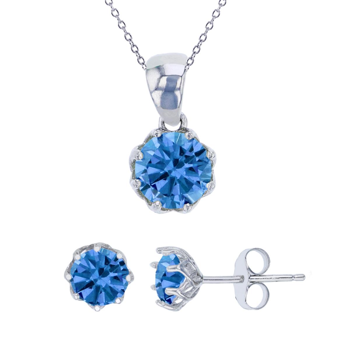 Sterling Silver Rhodium 6mm Blue Round Cut CZ Solitaire Dangling 18" Necklace & Earring Set