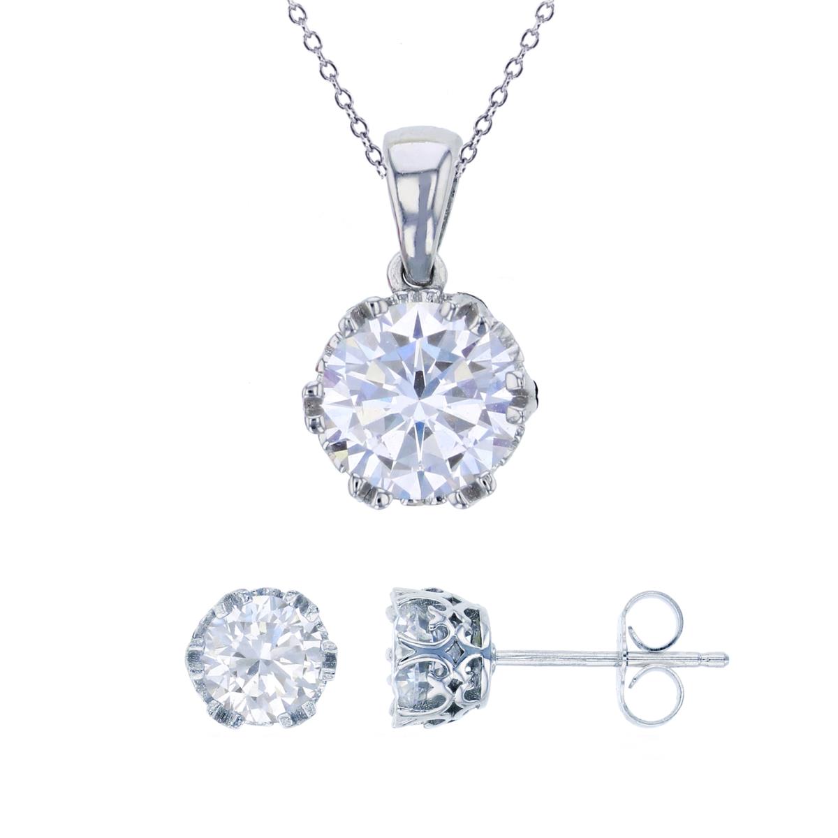 Sterling Silver Rhodium 8mm Round Cut CZ 18" Necklace & 6mm Rd Stud Earring Set