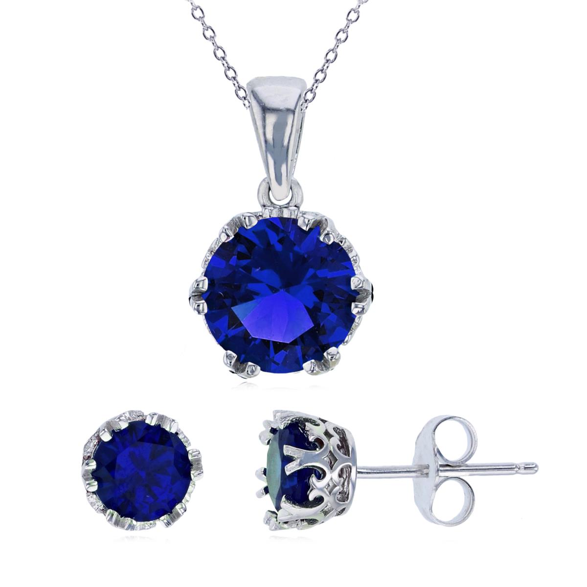 Sterling Silver Rhodium 8mm Sapphire Round Cut CZ 18" Necklace & 6mm Rd Stud Earring Set
