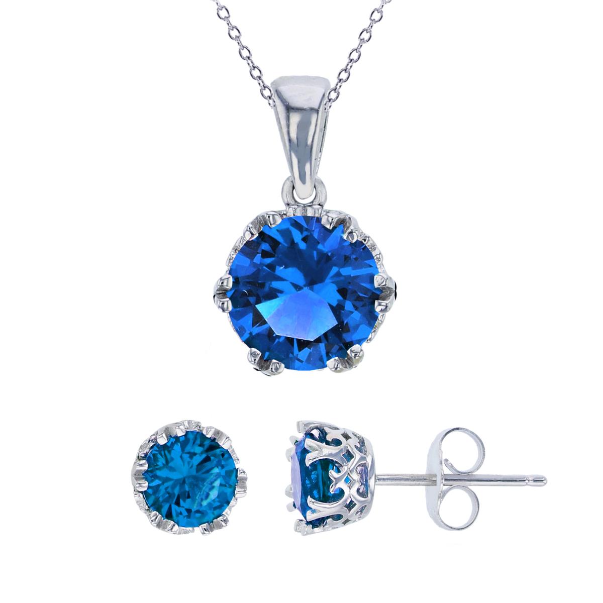 Sterling Silver Rhodium 8mm Blue Round Cut CZ 18" Necklace & 6mm Rd Stud Earring Set